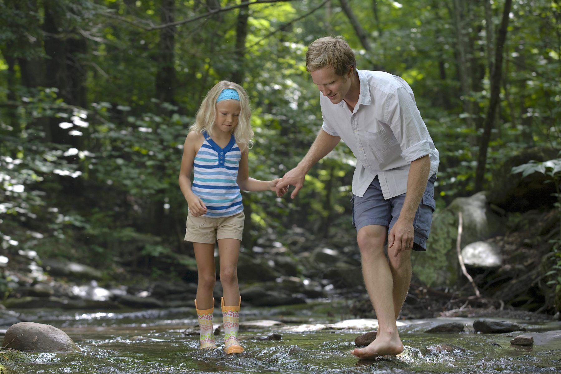 Father and daughter exploring a mountain creek