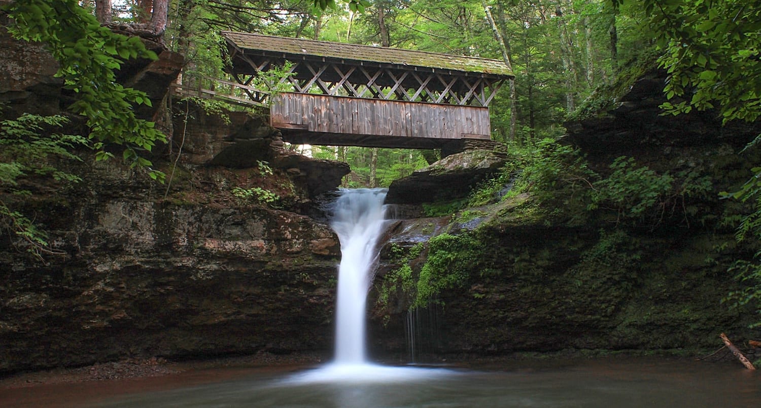 Waterfalls with covered bridge